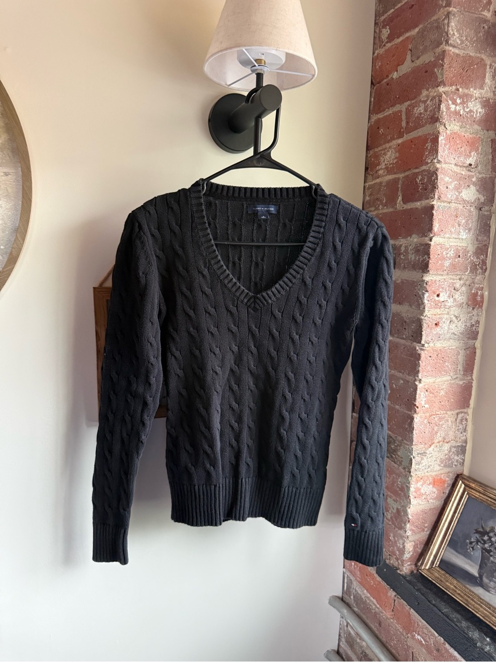 Tommy Hilfiger Black Cable-Knit V-Neck Sweater